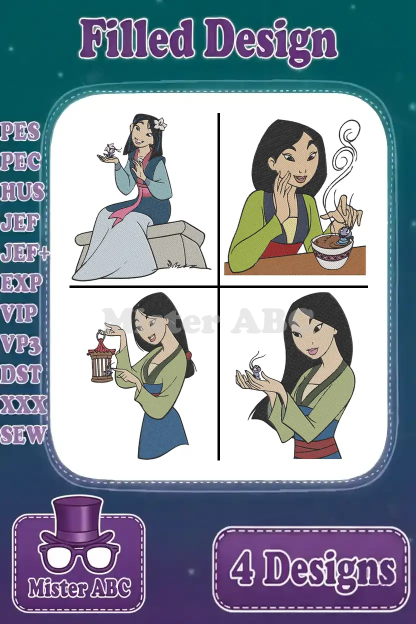 Four vibrant filled Mulan embroidery designs showcasing the beloved Disney princess in various iconic poses, ready for machine stitching.
