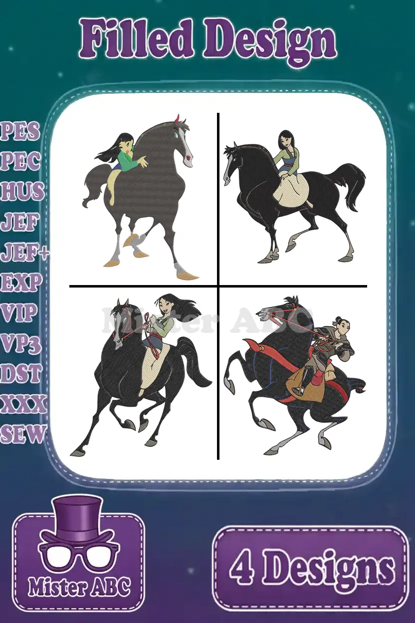 A grid displaying four distinct Mulan and Khan filled embroidery designs, showing various heroic poses on fabric.