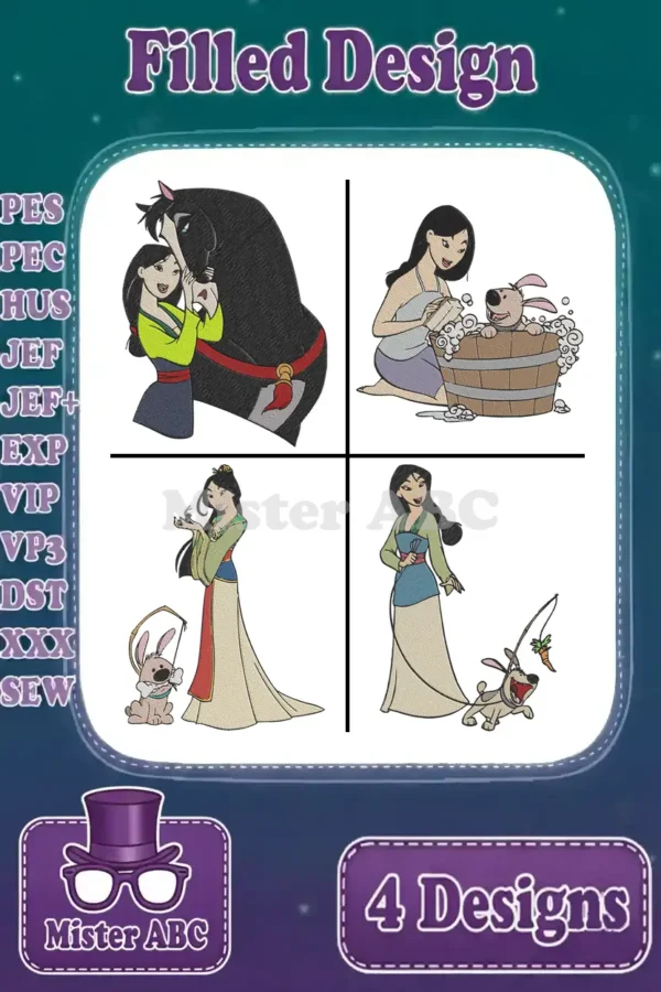 A vibrant collage showcasing four Mulan filled embroidery designs, featuring Mulan with Khan, Little Brother, and Cri-Kee.