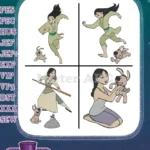 Mulan With Little Brother Dog Training With Staff And Cri Kee Cricket - Filled Embroidery Design - Instant Download