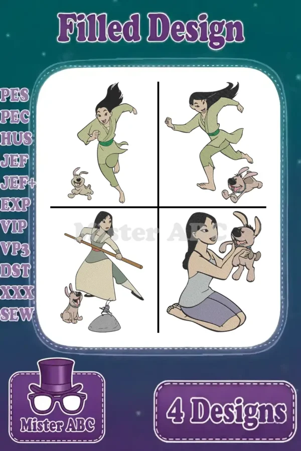A vibrant main image featuring four distinct Mulan and Cri-Kee filled embroidery designs, ready for stitching.