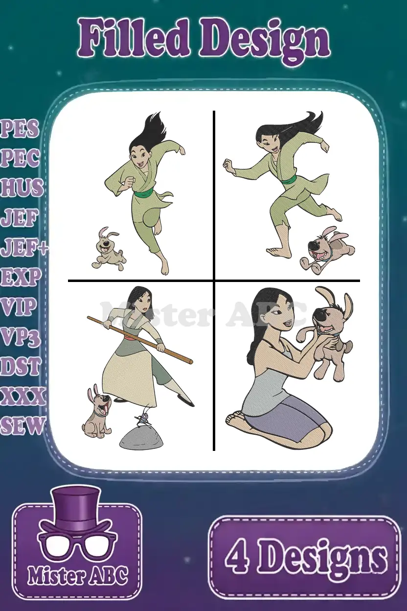 A vibrant main image featuring four distinct Mulan and Cri-Kee filled embroidery designs, ready for stitching.