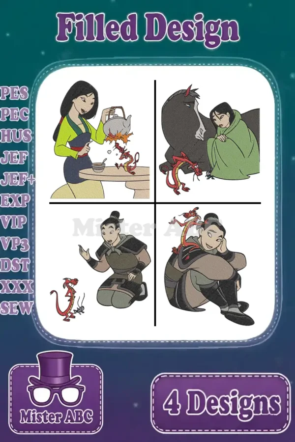 Four vibrant Mulan embroidery designs in filled stitch, featuring Mulan and Mushu in iconic scenes. Includes file formats.