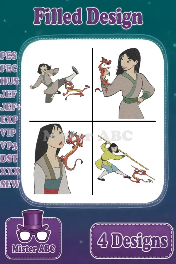 Four Mulan and Mushu filled embroidery designs, showcasing dynamic poses, ready for various machine formats. A true hero's bundle.