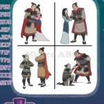 Mulan And Li Shang Romantic Interactions Shang With Ping And Group Poses - Filled Embroidery Design - Instant Download