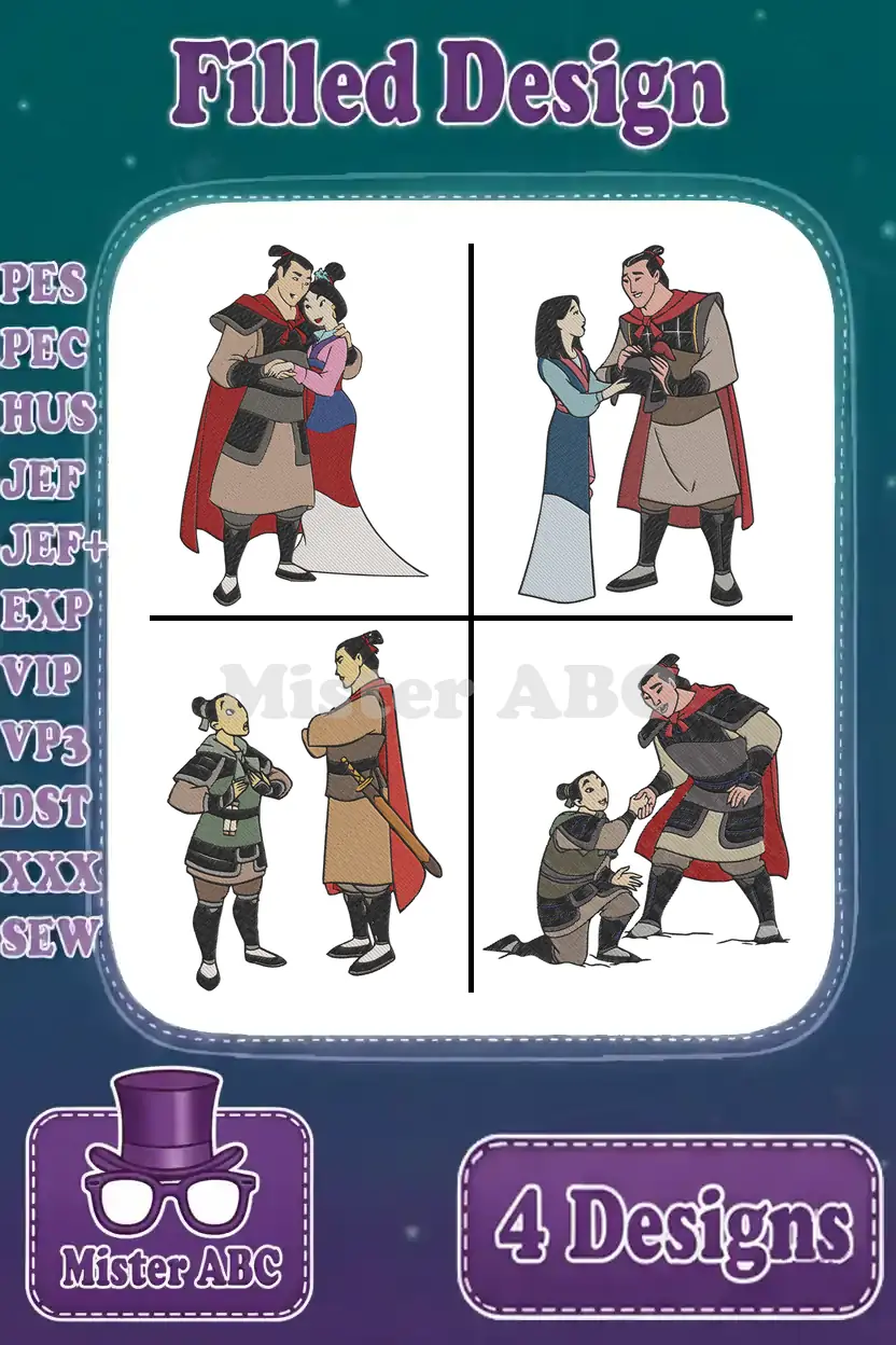 A vibrant main image showcasing four distinct Mulan and Shang filled embroidery designs, with supported file formats listed.