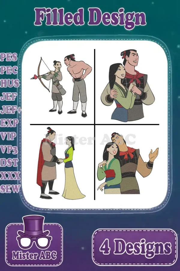 Four vibrant Mulan and Li Shang filled embroidery designs, showing different scenes and poses, compatible with multiple formats.