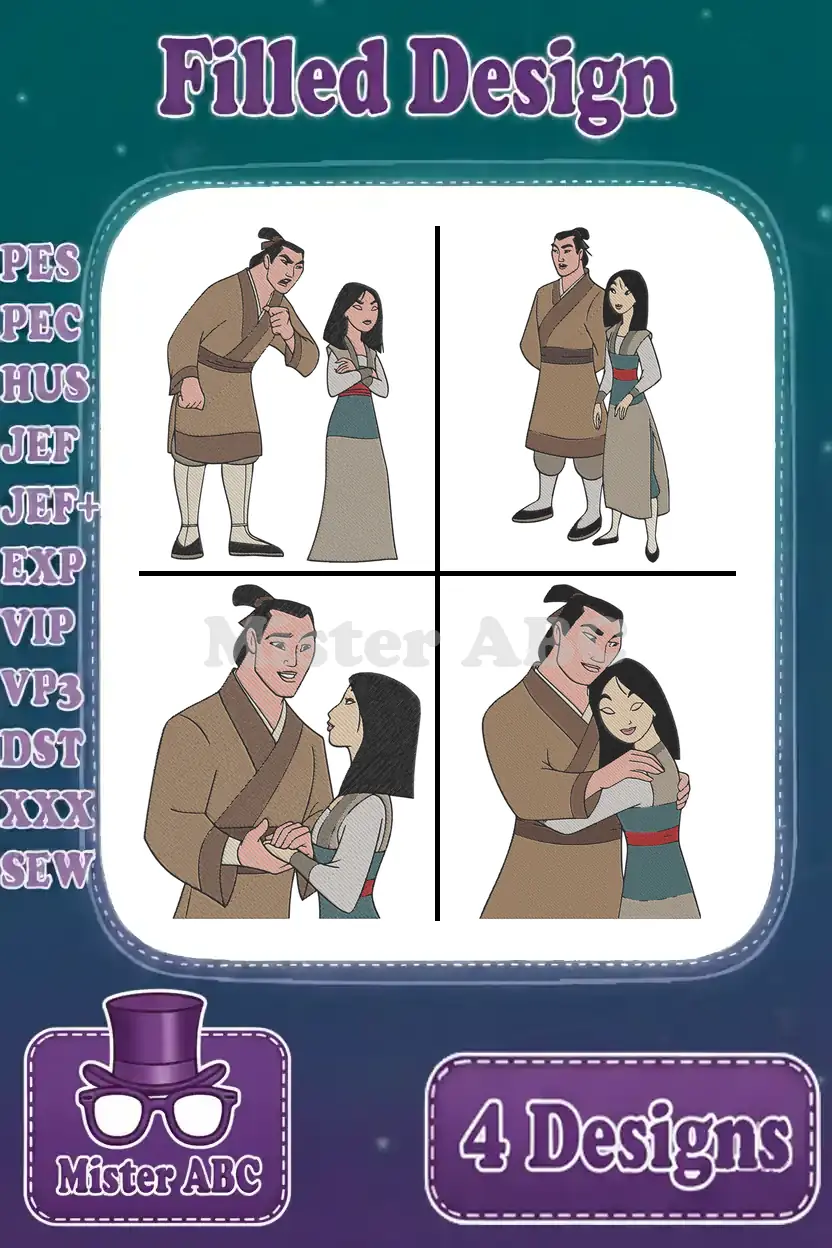 A main product image displaying four distinct filled embroidery designs of Mulan and Shang in various romantic poses.