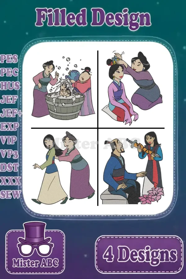 A vibrant collage showcasing four distinct Mulan-themed filled embroidery designs, ready for various formats and projects.
