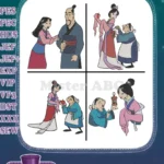 Mulan With Father Fa Zhou Matchmaker Interaction Grandmother Fa And Cri Kee - Filled Embroidery Design - Instant Download