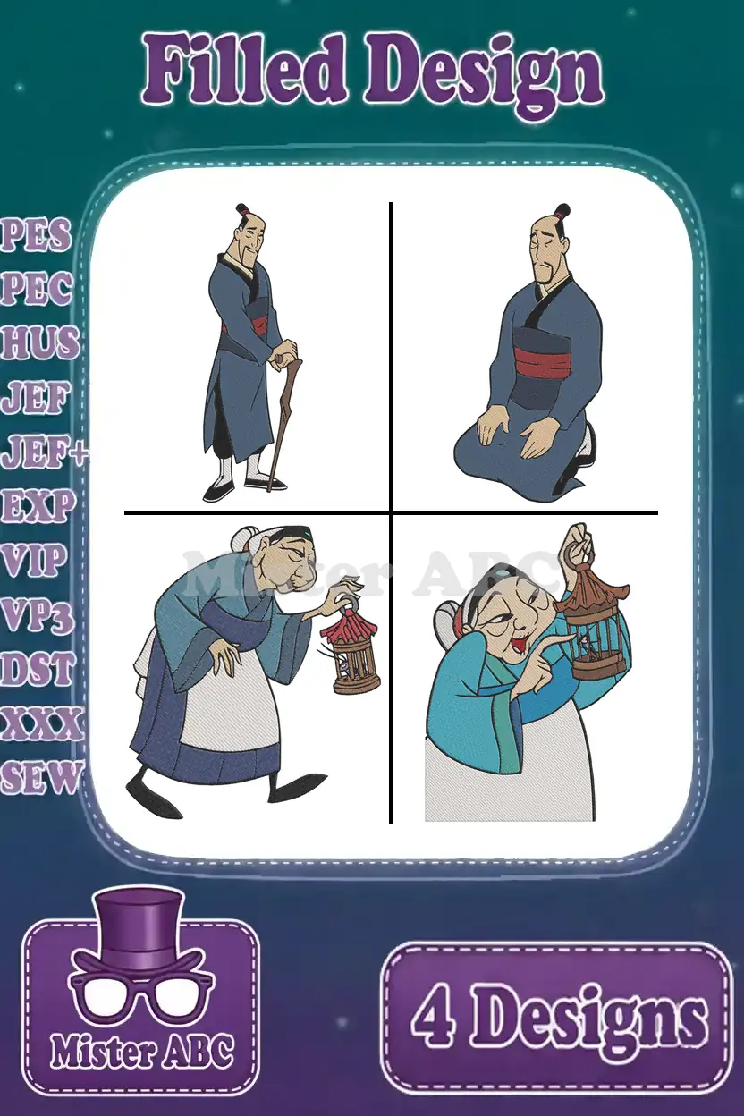 A vibrant collage of four filled embroidery designs: Fa Zhou standing, Fa Zhou kneeling, and Grandmother Fa with a birdcage in two poses. Essential file formats listed.
