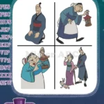 Mulan Characters Chi Fu Advisor Grandmother Fa With Cri Kee And Fa Zhou - Filled Embroidery Design - Instant Download