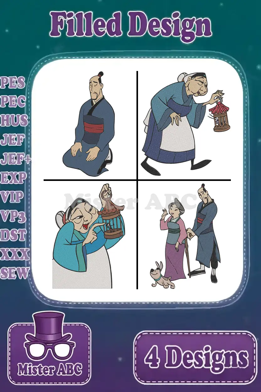 A vibrant display of four Mulan-themed filled embroidery designs: Fa Zhou, Fa Li, Grandmother Fa, and Mulan with Li Shang.