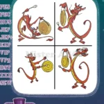 Mulan Mushu Dragon Playing Gong Cymbals And Drum Musical Guardian Poses - Filled Embroidery Design - Instant Download