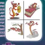 Mulan Mushu Dragon With Lantern On Tree Branch With Drum And On Cloud Flying - Filled Embroidery Design - Instant Download