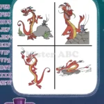 Mulan Mushu Dragon On Rock Flying Breathing Fire And Dynamic Action Poses - Filled Embroidery Design - Instant Download
