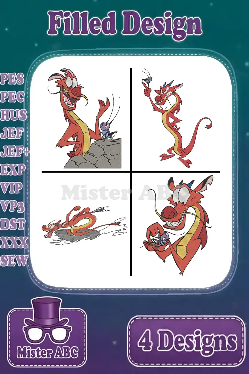 Four vibrant filled embroidery designs featuring Mushu and Cri-Kee, showcasing different poses, perfect for Mulan fans.