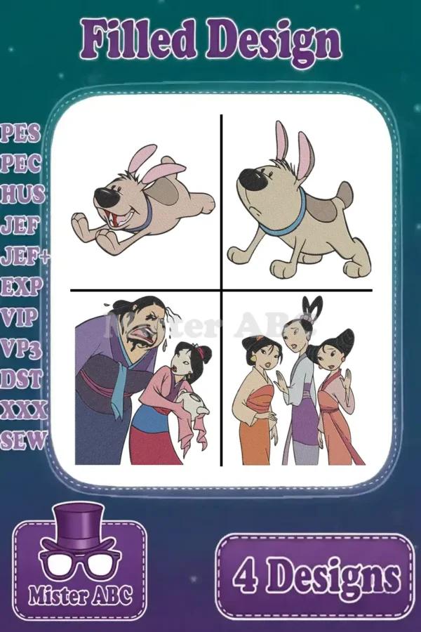 Four charming filled embroidery designs: two of Dug from Up and two Mulan character scenes. Highlighting diverse file formats.