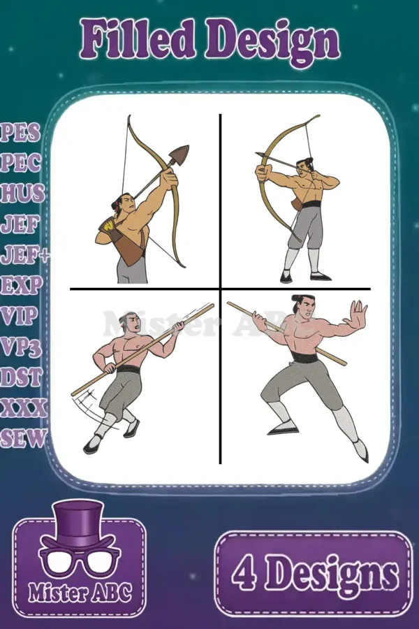 Four dynamic Li Shang filled embroidery designs, showcasing archery and martial arts poses, ready for various formats.