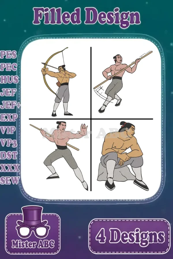 A vibrant image displaying four distinct filled embroidery designs of Shang from Mulan in various action poses.