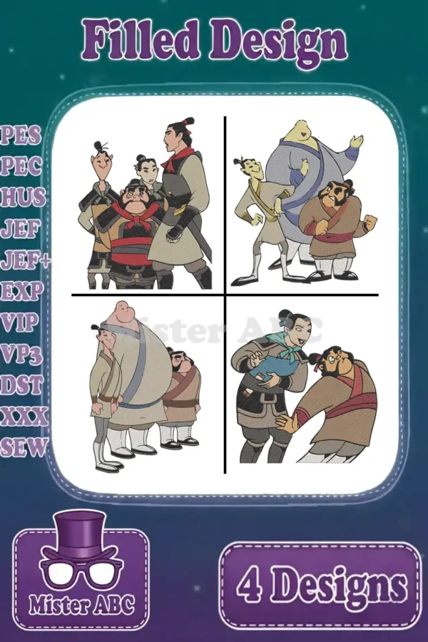 A vibrant Mulan embroidery bundle featuring four distinct filled designs of Ping, Yao, Ling, and Chien Po, perfect for fans.