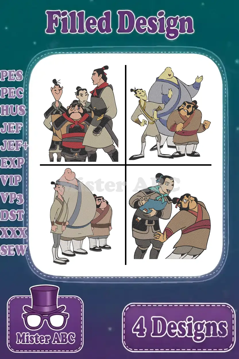 A vibrant Mulan embroidery bundle featuring four distinct filled designs of Ping, Yao, Ling, and Chien Po, perfect for fans.