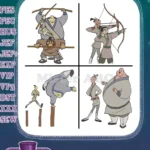 Mulan Disney Movie - Yao Ling Chien Po Training On Poles - Comical Warriors Practice - Filled Embroidery Design - Instant Download