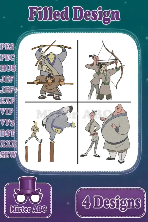 Four vibrant Mulan character embroidery designs including Yao, Ling, and Chien Po, ready for various machine formats.