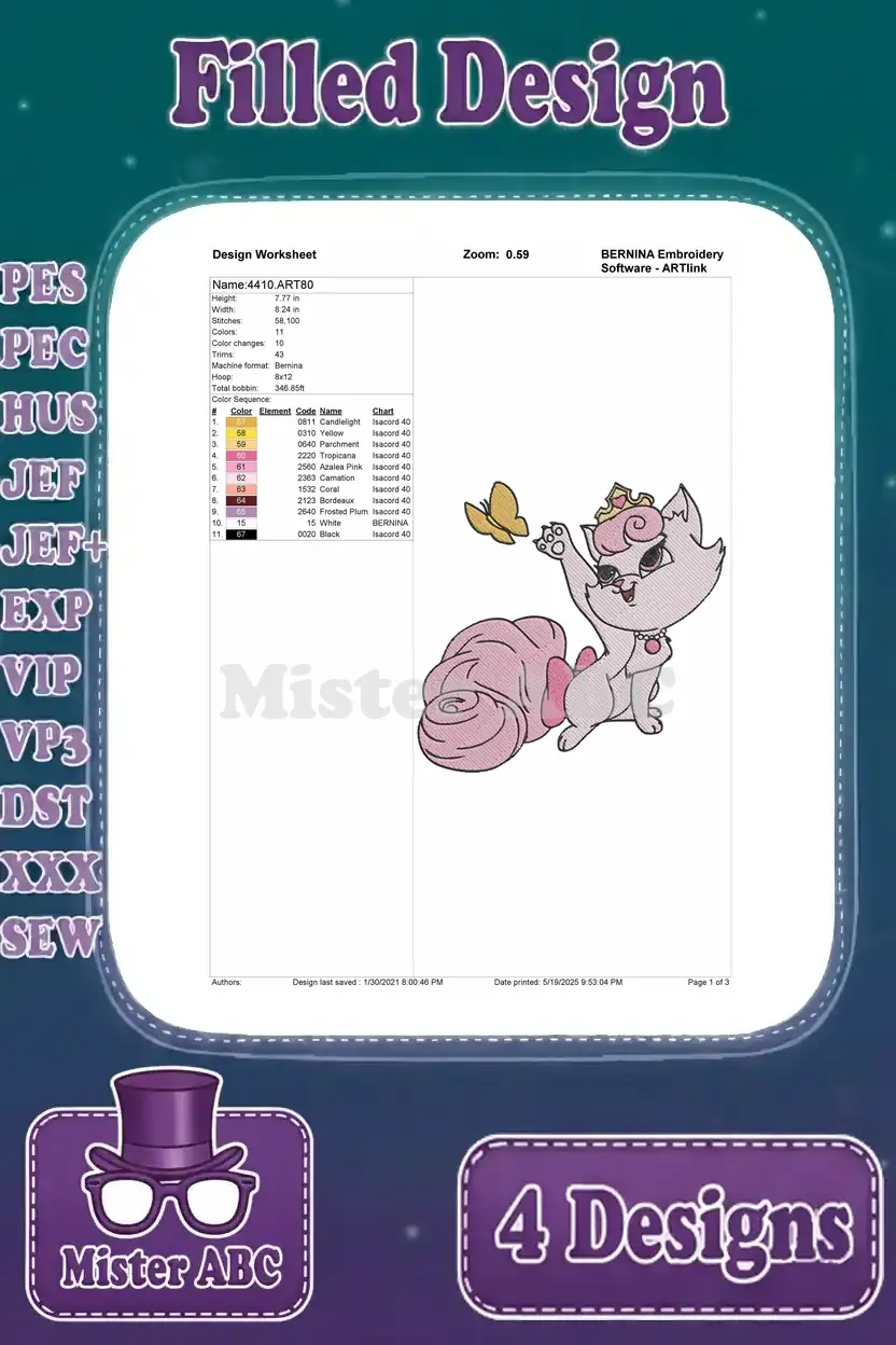 Detailed design worksheet for the regal cat embroidery, showing stitch count, colors, and hoop size.