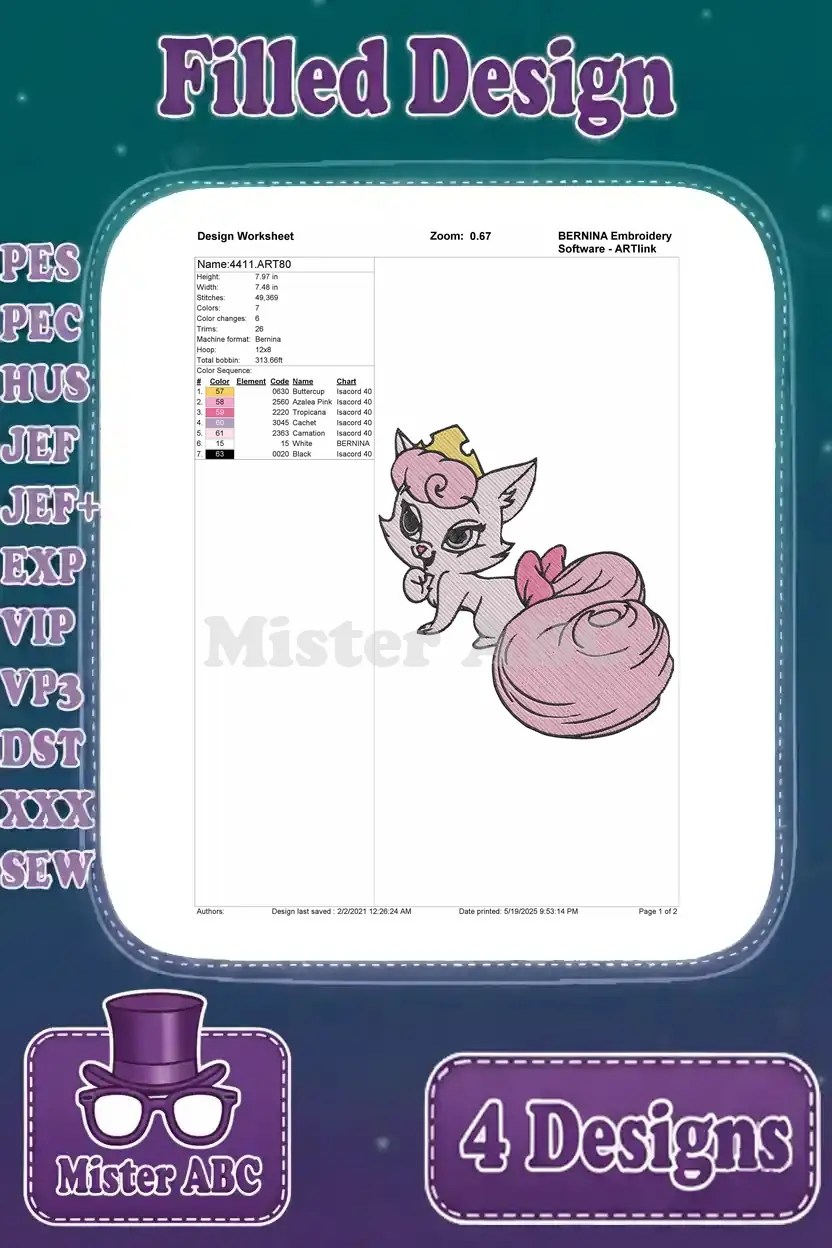 Design worksheet for the elegant sitting cat embroidery, detailing stitch counts, thread colors, and dimensions.