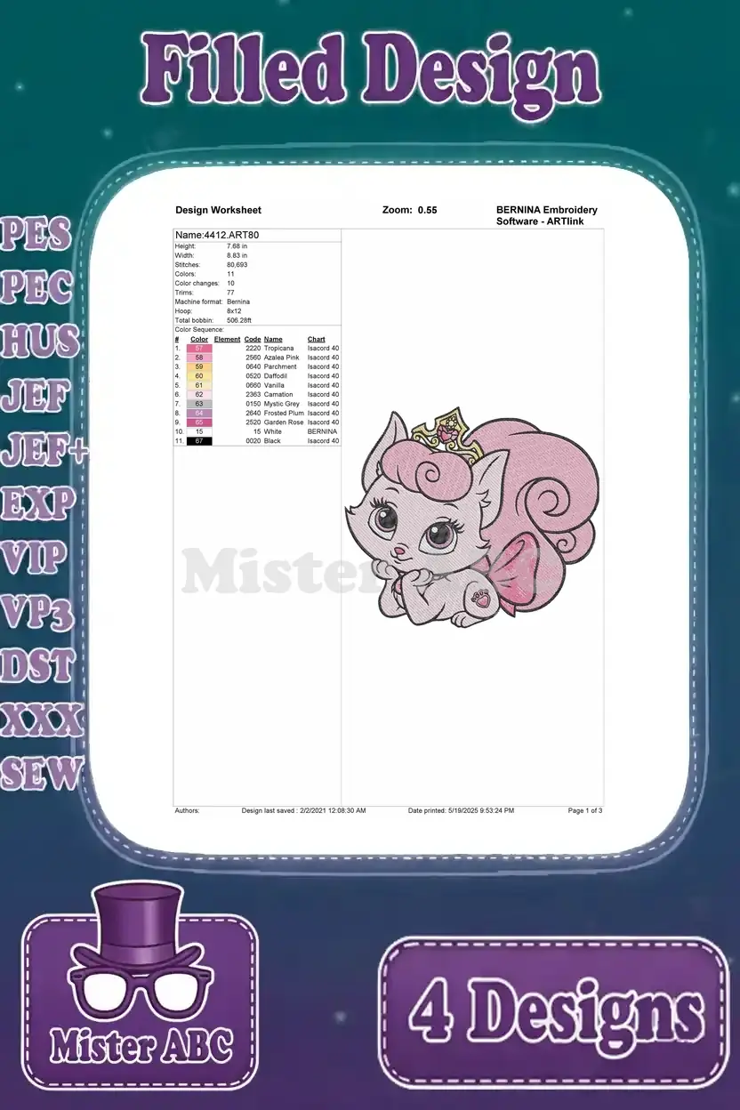 Design worksheet for the adorable reclining cat embroidery, outlining stitch data and color palette.