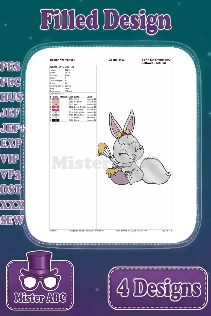 Design worksheet for the adorable bunny whisking design, detailing stitch count, colors, and hoop size.