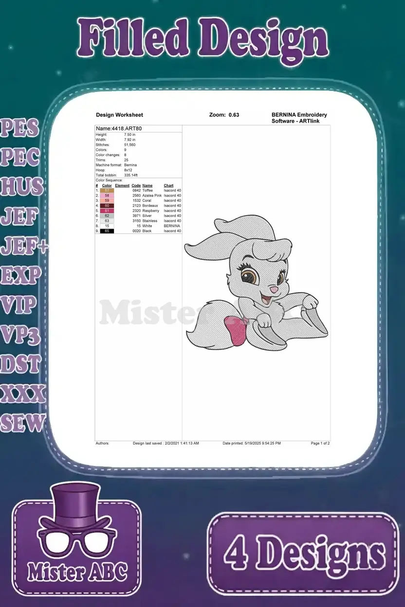 Detailed design worksheet for the first bunny embroidery, showing stitch count, colors, and hoop size specifications.