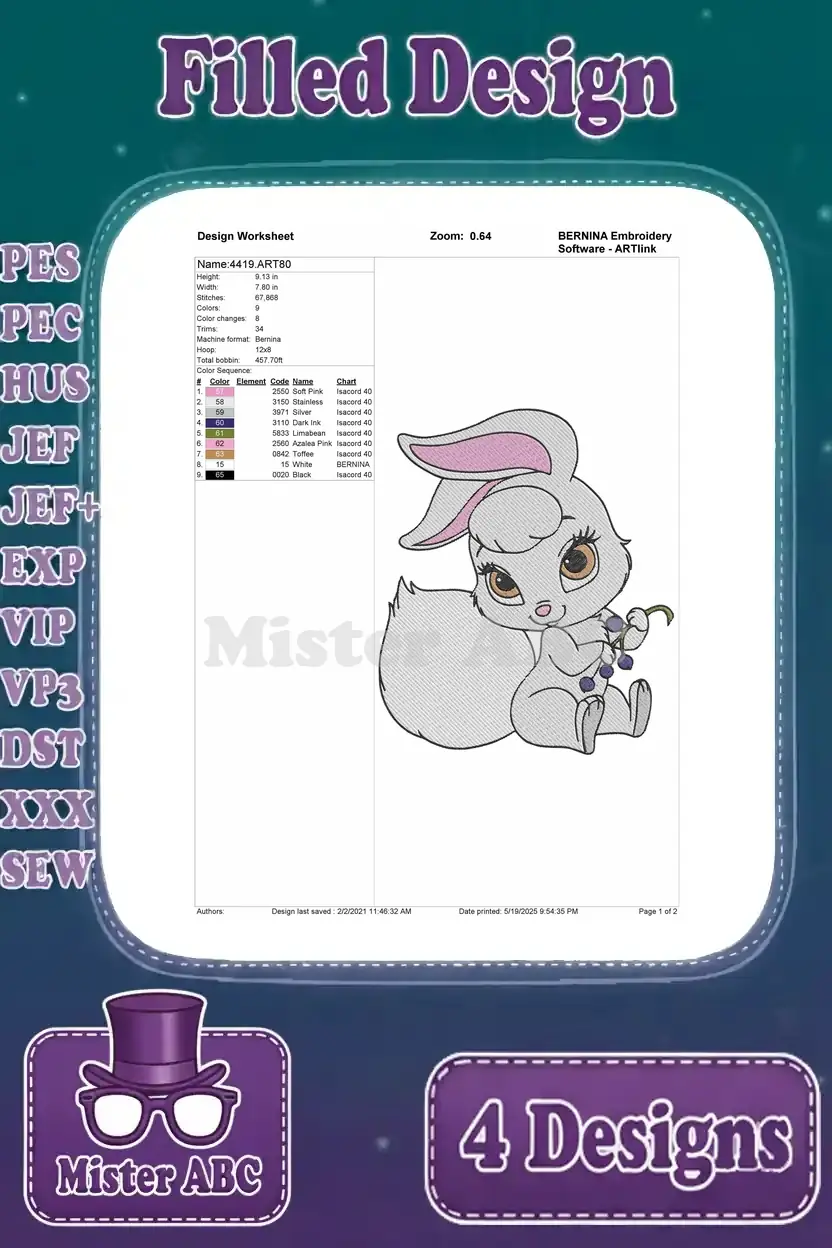 Detailed design worksheet for the second bunny embroidery, showing stitch count, colors, and hoop size specifications.