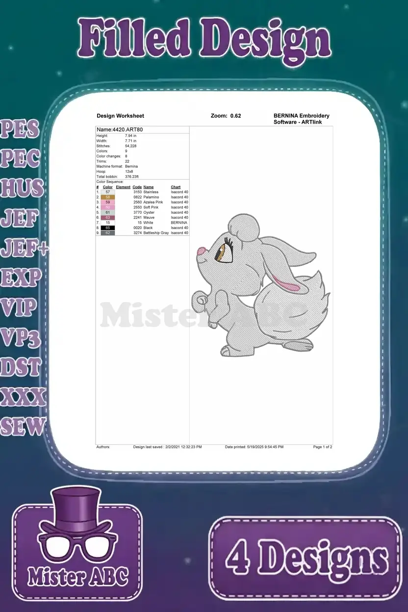 Detailed design worksheet for the third bunny embroidery, showing stitch count, colors, and hoop size specifications.