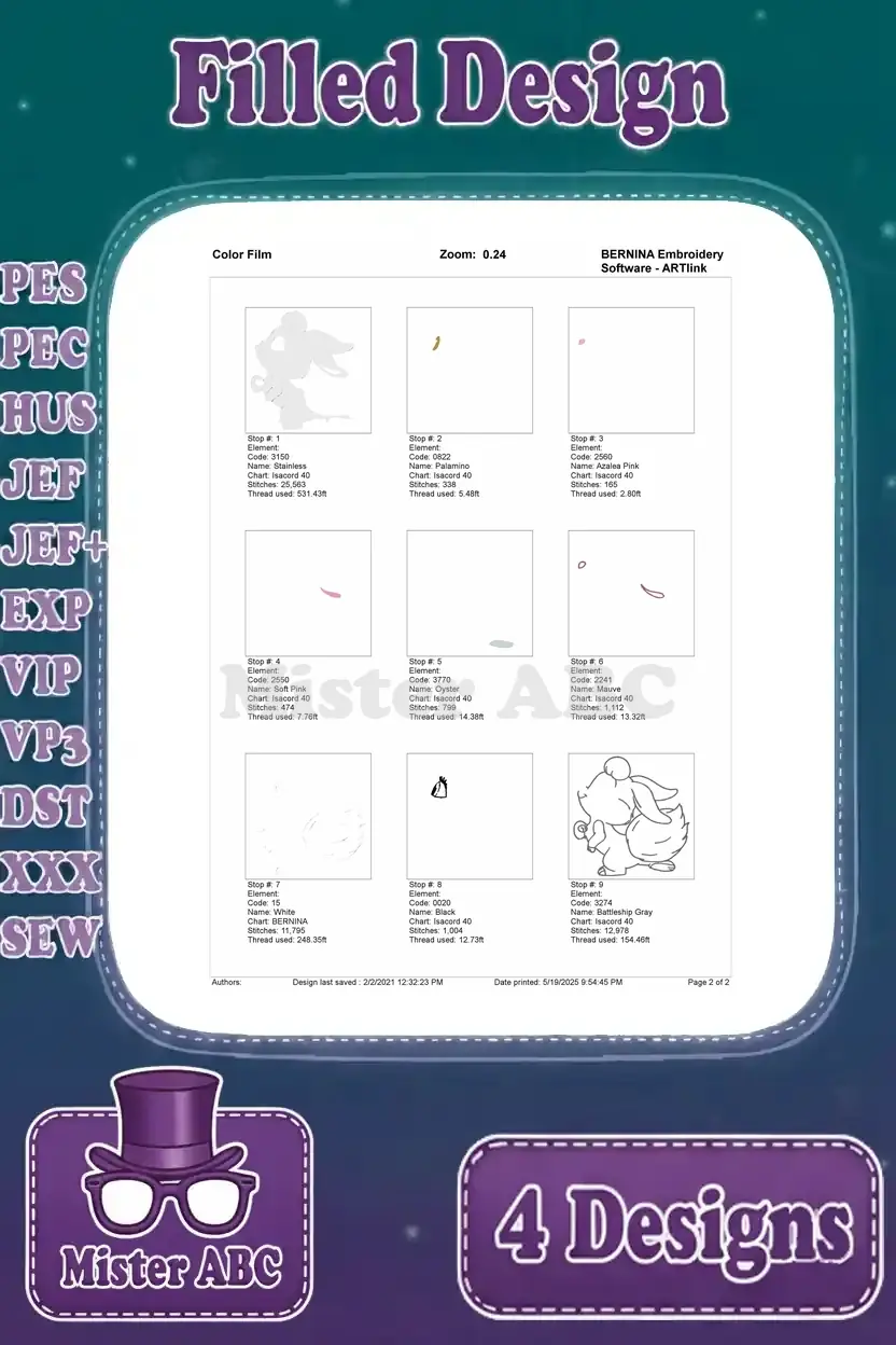 Color film sequence for the third bunny embroidery design, illustrating the stitching order for each color segment.