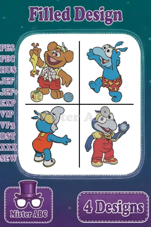 Four vibrant filled embroidery designs featuring Muppet Babies Fozzie Bear and Gonzo, showcasing various poses and expressions.