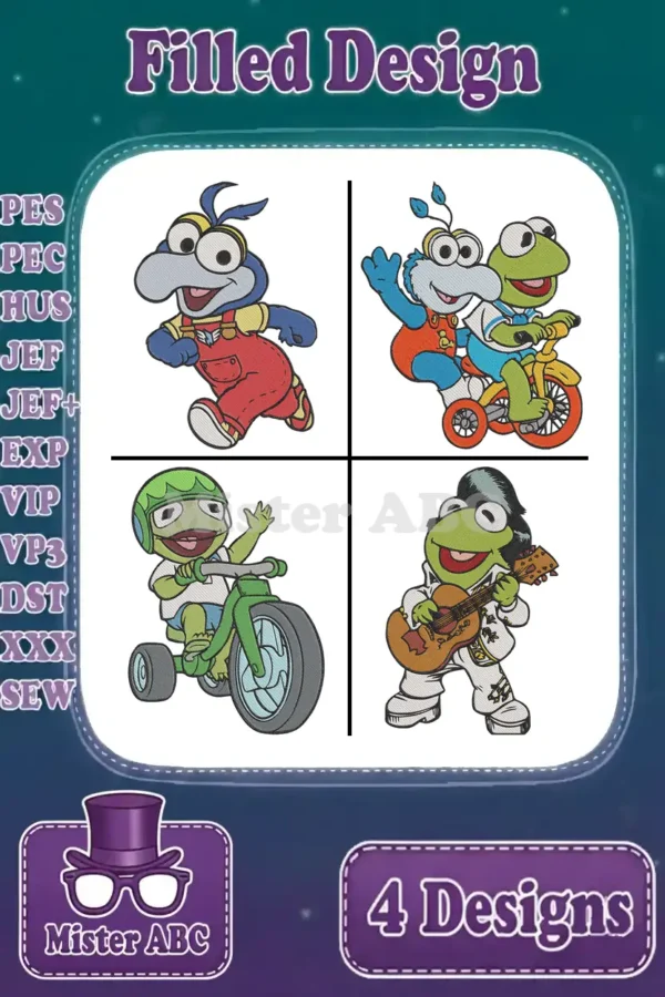 Four vibrant Muppets filled embroidery designs: Gonzo running, Gonzo & Kermit on a bike, Kermit on a tricycle, and Kermit as Elvis.