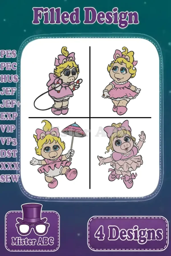 Main product image showing four adorable Baby Miss Piggy filled embroidery designs in various playful poses, ideal for children's items.