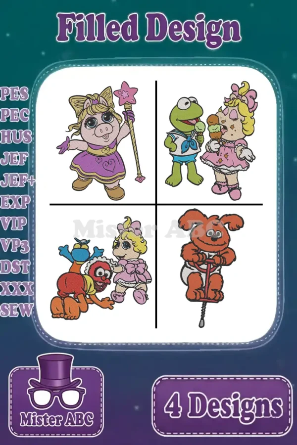 Four vibrant filled embroidery designs featuring baby Miss Piggy, Kermit, Elmo, and a pogo stick character. Ideal for kids' items.
