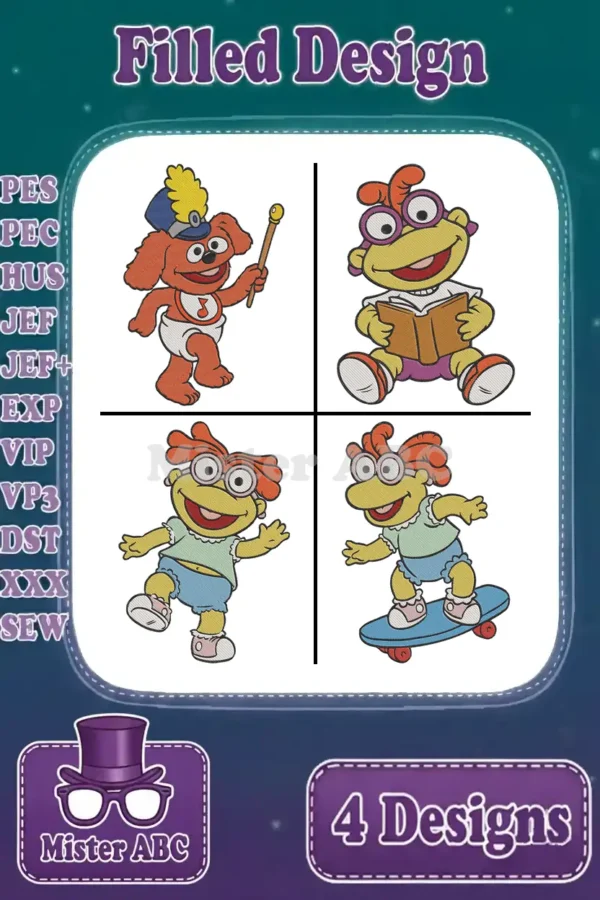 A vibrant bundle of four filled embroidery designs featuring Baby Animal drumming and a Muppet friend in three poses.