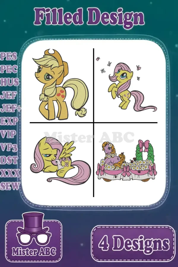 Main product image showing four My Little Pony filled embroidery designs including Applejack and Fluttershy characters.