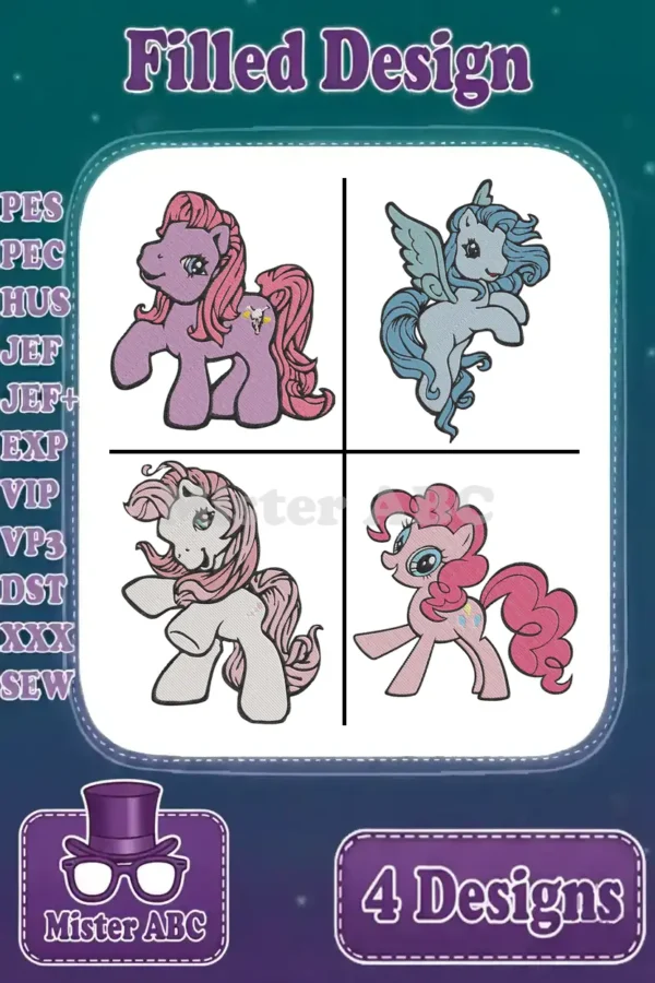 A vibrant collage showcasing four unique filled embroidery designs of beloved pony characters, ready for your projects.