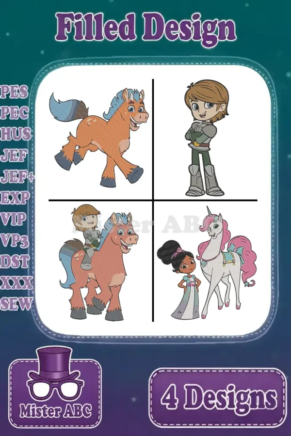 A vibrant embroidery bundle displaying four filled designs: a playful horse, a brave knight, the knight riding the horse, and a princess with her unicorn.