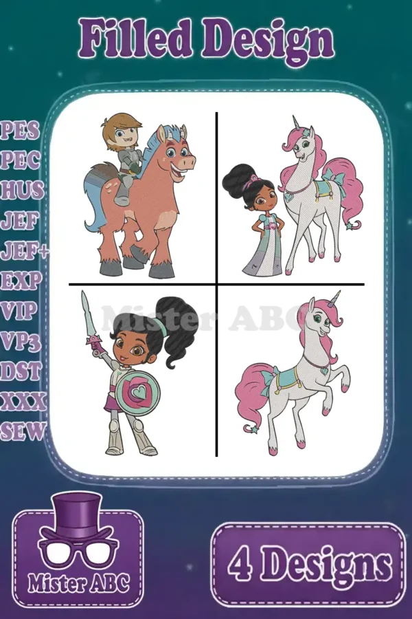 Four vibrant Nella the Princess Knight filled embroidery designs: Nella with Trinket, Sir Garrett on Clod, Nella Knight, and Trinket.