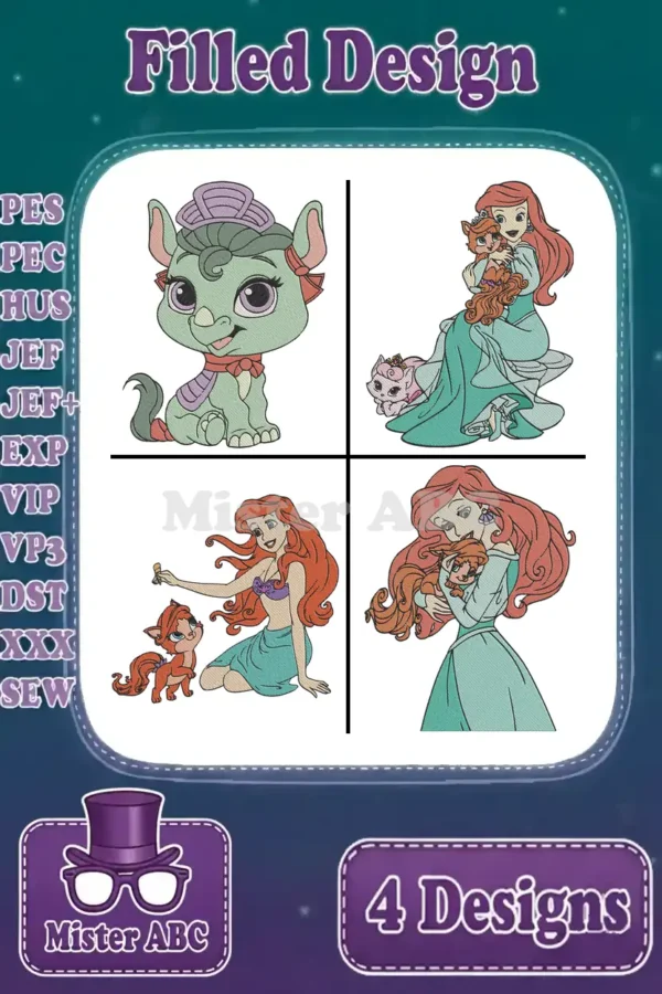 Four vibrant filled embroidery designs featuring Ariel with her adorable animal companions, including a fox and two fantasy pets, ready for machine embroidery.
