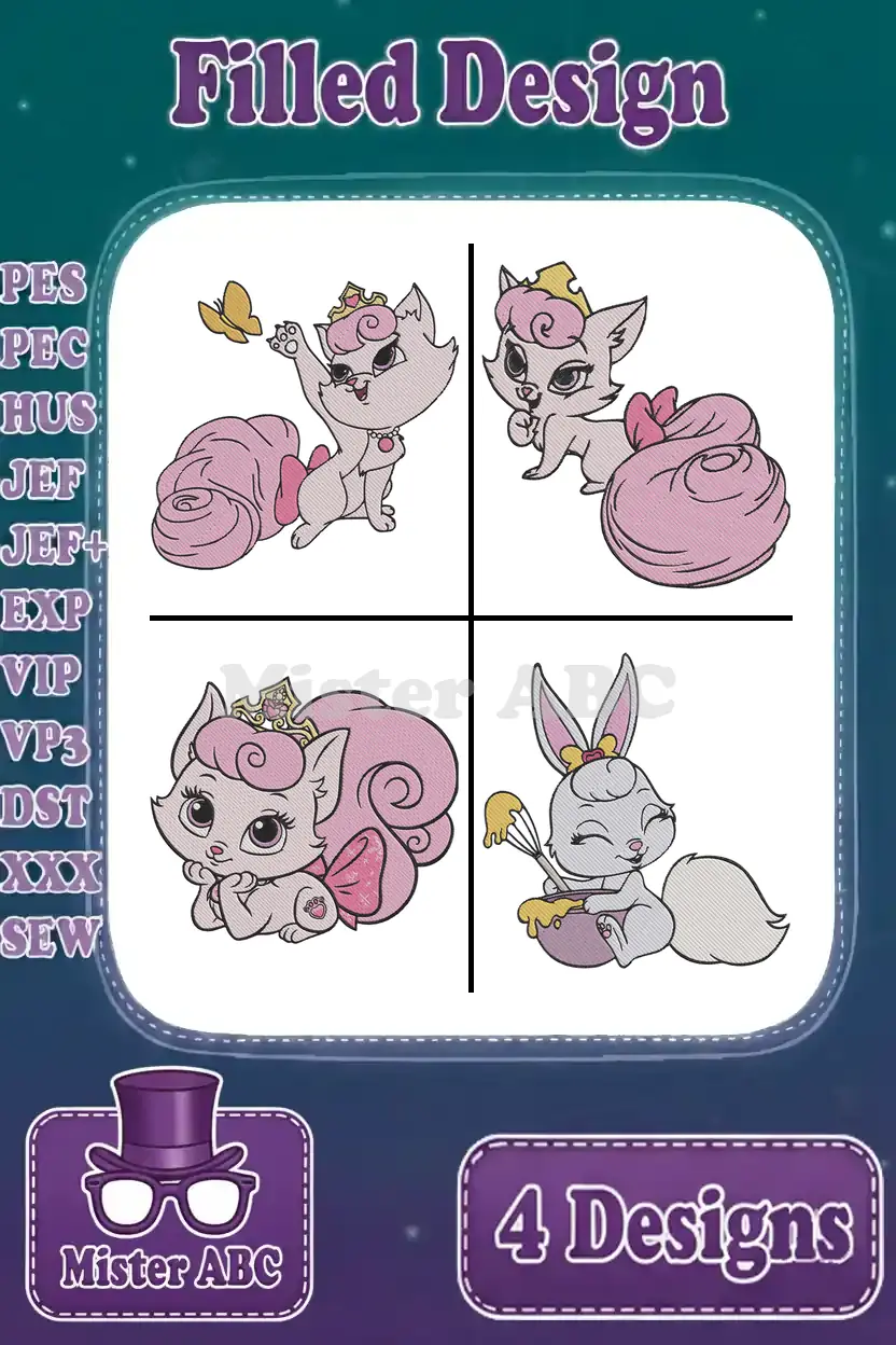 Four adorable filled embroidery designs: three elegant Marie-like cats with crowns and a cute bunny whisking.