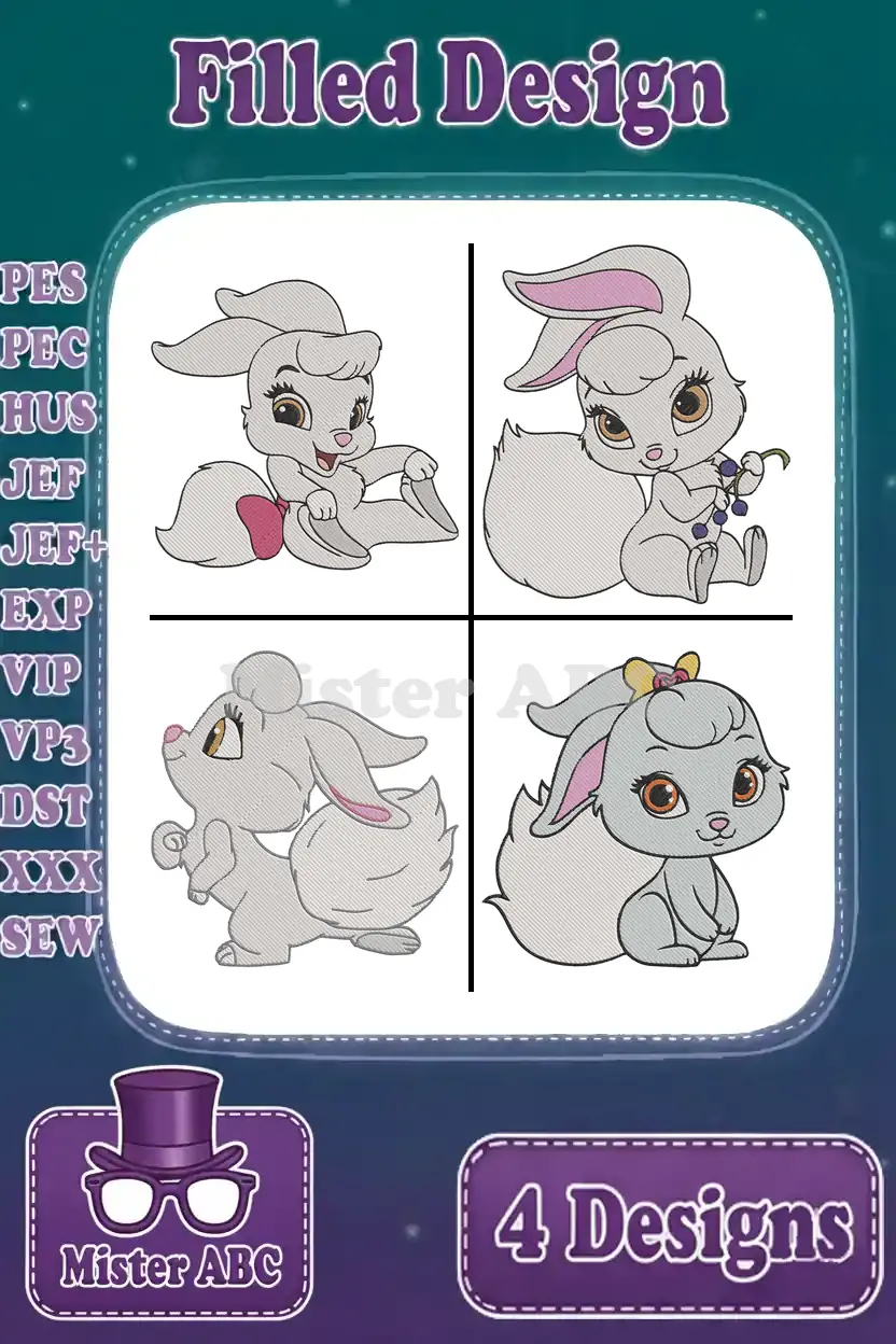 Main image displaying four unique filled embroidery designs of a cute gray rabbit with pink accents, in various poses.