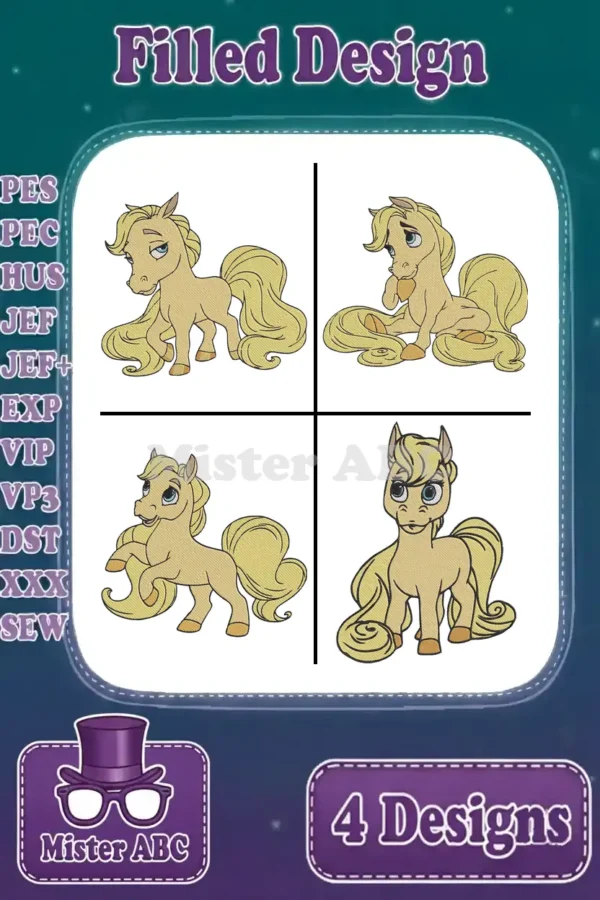 Four delightful filled pony embroidery designs in various charming poses, showcasing the versatility and cuteness of the bundle.