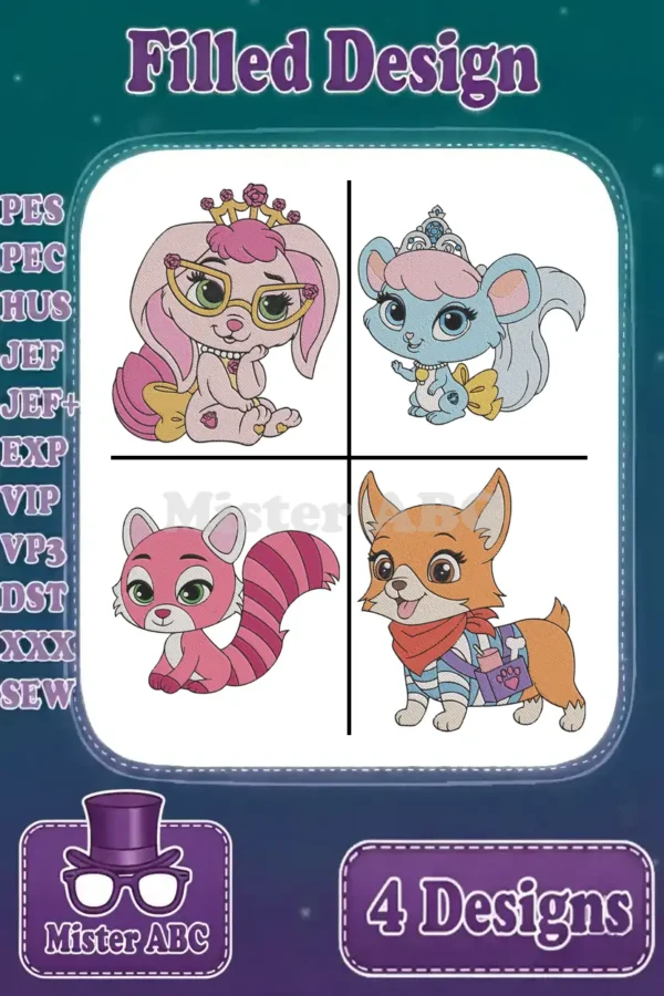 A vibrant collage of four filled embroidery designs featuring a royal bunny, fancy mouse, playful red panda, and cute corgi.